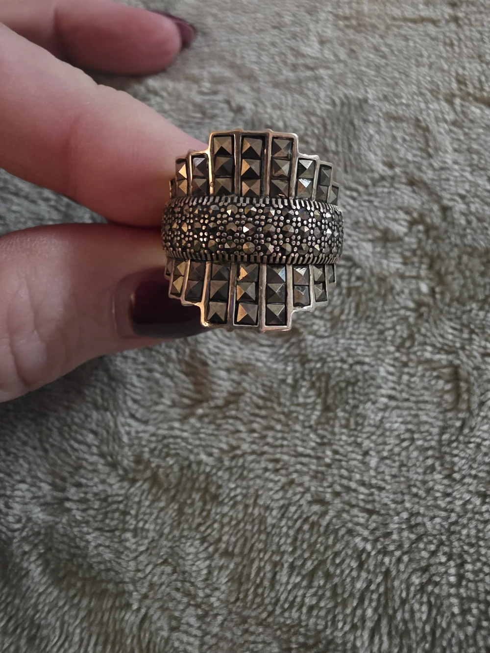 Sterling Silver & Marcasite Statement Ring with Pavé Center - Size 11 See Pics